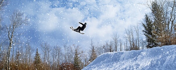 A snowboarder performs a jump in a snowy landscape under a blue sky.