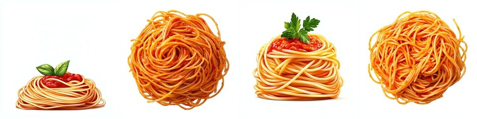 Four spaghetti nests with tomato sauce and basil on a white background, symbolizing Italian cuisine.