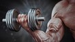 © lastfurianec - A photo of a man with big biceps holding a dumbbell. The man's face is not visible. The dumbbell is positioned in front of the man's arm, showing off his biceps.