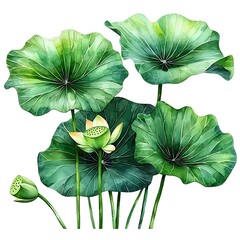 Sticker - Watercolor Illustration of Lotus Leaves and Buds.