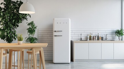 Dining table in interior of kitchen with fridge and counter, copy space 