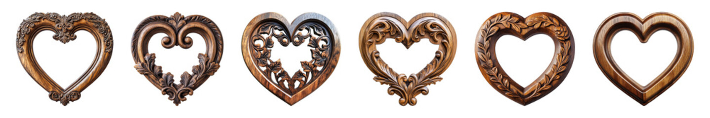 Wall Mural - Ornate heart-shaped wooden frame isolated on a transparent or white background, cut out, PNG