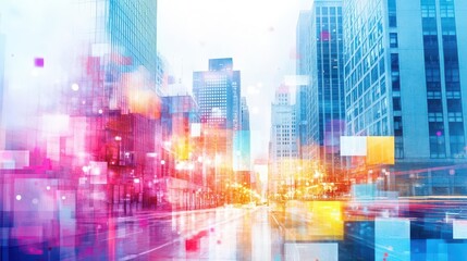 Poster - Downtown business area under rain, glowing building lights, bold watercolor brushstrokes highlight movement