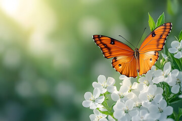 Wall Mural - Vibrant orange butterfly perched on white flowers with a soft green background.