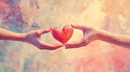 Two hands passing a heart icon, symbolizing sharing and social connection on a soft pastel background