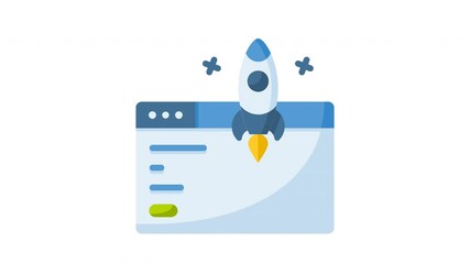 Animated launch with rocket launching from browser window, ideal for web development promotions, tech blogs, software launch announcements, and website design concepts
