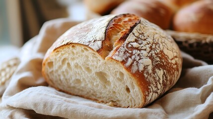 Freshly baked artisanal sourdough bread with crispy crust and dusting of flour on white linen cloth in macro detail, copy space