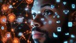© WINGGOD - Technology-inspired close-up of a man engaging with smart tools, surrounded by digital icons and network symbols