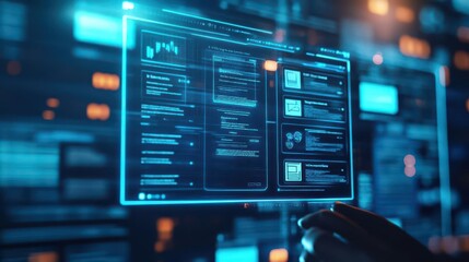 Aufkleber - Futuristic mortgage application interface, holographic screens, digital paperwork icons floating, sleek modern background, blue neon highlights, techinfused finance concept