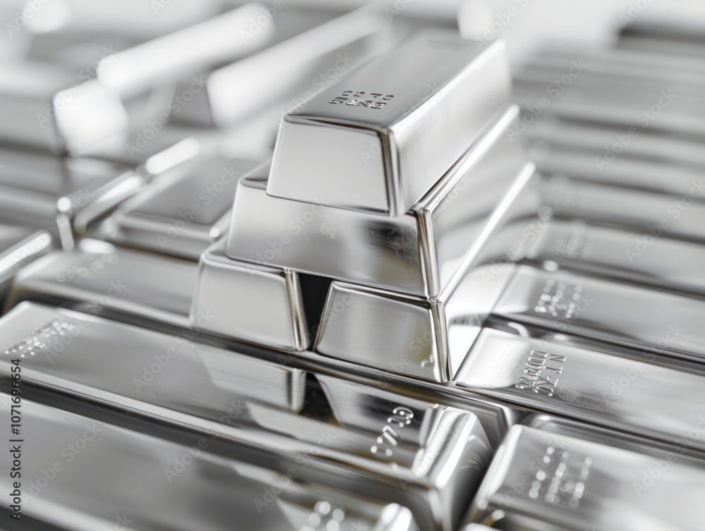 Stack of silver bars on white background, sharp edges with a smooth ...