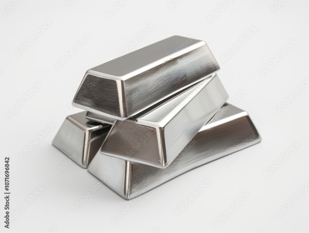 Stack of silver bars on white background, sharp edges with a smooth ...