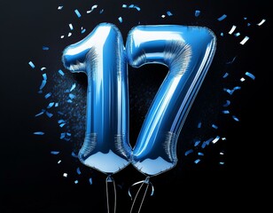 Blue birthday / anniversary balloon, number 17, black background with confetti
