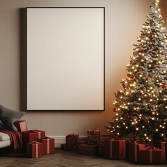 Wall Mural - Blank poster in thin frame mockup. Empty frame on wall in light modern living room interior, decorated Christmas tree. Vertical artwork template, winter holiday designs place here.	