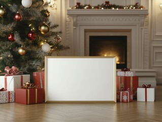 Wall Mural - Big blank poster in wooden frame mockup. Picture frame on the floor propped against gift boxes, Christmas tree nearby. Vertical artwork template, winter holiday designs place here.