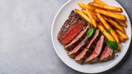 Wall Mural - Juicy Steak with Crispy Fries on a White Plate