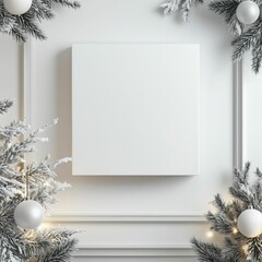 Wall Mural - Blank poster mockup. Empty unframed square card on white wall with Christmas decorated corners. Square artwork template, winter holiday designs place here