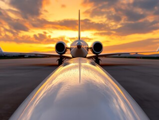 Poster - A view of the nose of an airplane on a runway at sunset