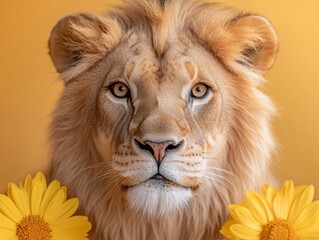 Wall Mural - A close up of a lion with yellow flowers in front of it