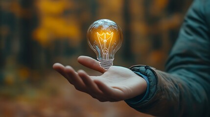 Poster - A man holds out his hand with a light bulb drawn, Idea light bulb on hand