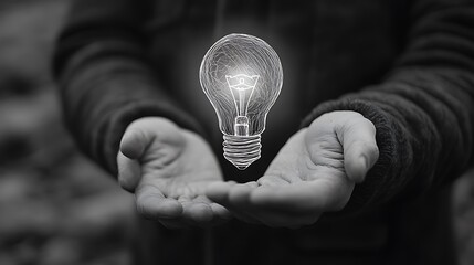 Poster - A man holds out his hand with a light bulb drawn, Idea light bulb on hand