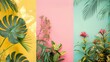 © zumrud - Vibrant colors and tropical plants animate panels in yellow, pink, and teal, adding lively energy and visual allure.