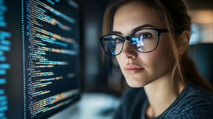 focused female programmer analyzing code on screen, her glasses reflecting the bright display. cyber