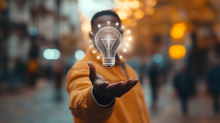 Poster - A man holds out his hand with a light bulb drawn, Idea light bulb on hand