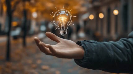 Poster - A man holds out his hand with a light bulb drawn, Idea light bulb on hand