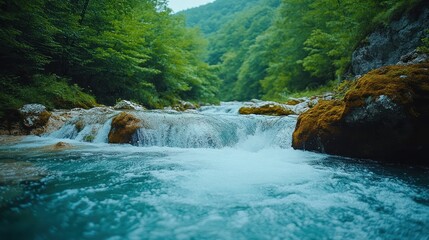 Wall Mural - A serene river flows through a lush green forest, cascading over rocks.