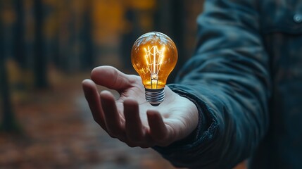 Wall Mural - A man holds out his hand with a light bulb drawn, Idea light bulb on hand