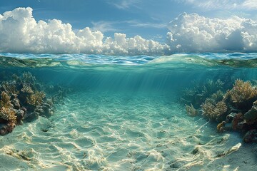 Poster - A Split-Level View of Clear Ocean Water with Sandy Bottom, Lush Coral, and Fluffy Clouds