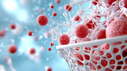 Red Spheres in White Net with Water Droplets Abstract Background