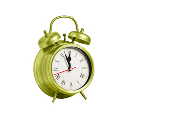 Wall Mural - retro clock, pointer clock, green color alarm clock on isolated white background close up