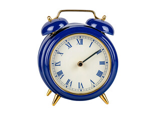 a blue alarm clock with gold legs