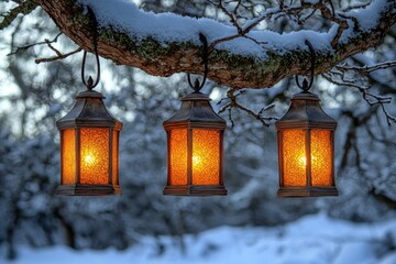 Sticker - Three Lit Lanterns Hanging from a Snowy Branch