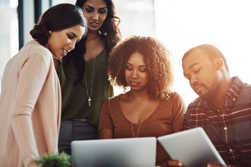 Poster - Business people, laptop and meeting with tablet for design, collaboration or project planning at office. Designer, team or creative group with technology for app, brainstorming or ideas at workplace