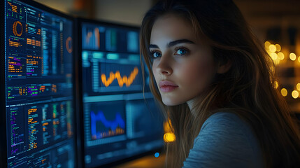 Woman Looking at Computer Screen With Data - Realistic Image