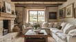 © suriya - Luxury country style living room, beige linen sofa, rough wooden coffee table, natural stone fireplace, decorated with rustic art, warm light