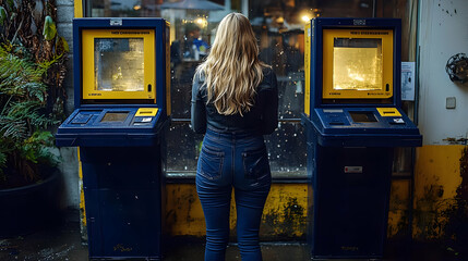 Woman Standing Between Two Blue ATM Machines