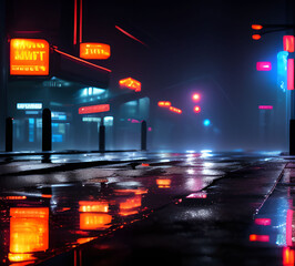 neon mega city with light reflection from puddles on street heading toward buildings, business district center.Cyber punk theme, tech background.Concept for night life.generative ai