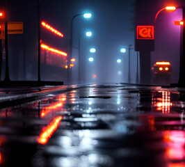 neon mega city with light reflection from puddles on street heading toward buildings, business district center.Cyber punk theme, tech background.Concept for night life.generative ai