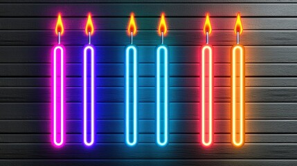 Wall Mural - Neon Birthday Candles on Wooden Wall   Festive Party Decor