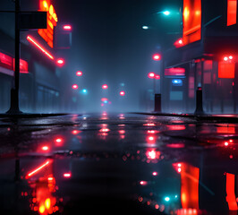 neon mega city with light reflection from puddles on street heading toward buildings, business district center.Cyber punk theme, tech background.Concept for night life.generative ai