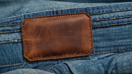 close-up of aged leather patch on denim, ideal for fashion branding