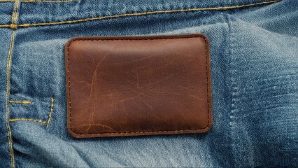 brown leather patch on blue denim with yellow stitching, perfect for branding