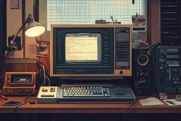 A vintage computer with a CRT monitor and keyboard sits on a wooden desk with a lamp, a cassette player, and a radio in the background.