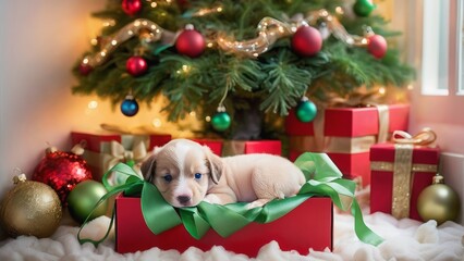 Wall Mural - Puppy near the Christmas tree. Cozy Christmas