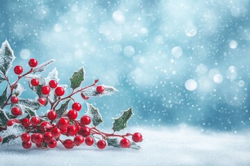 Wall Mural - snowdusted holly branch adorned with vibrant red berries, capturing winters festive spirit natural b