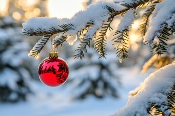Wall Mural - red ornament hanging on snowcovered tree branch, capturing festive winter holiday spirit with vibran