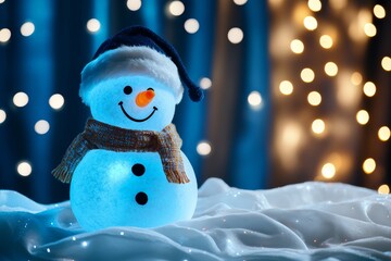 Wall Mural - Snowman on red plaid blanket, blue winter background, wearing black hat, carrot nose, button eyes, festive holiday scene.